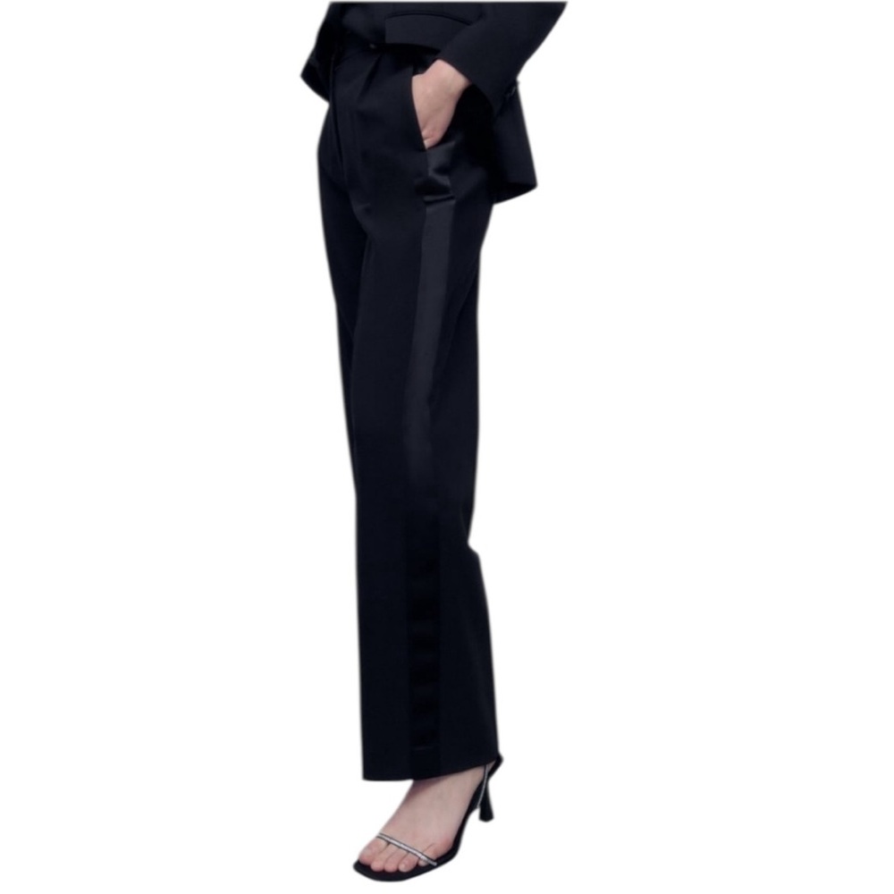 Zara Black Satin-Stripe Straight-Leg Trousers